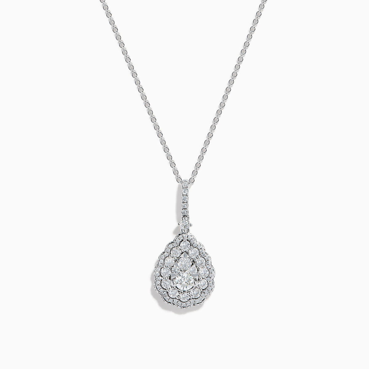 A 14K White Gold Diamond Pear Cluster Pendant featuring a delicate chain and a teardrop-shaped pendant adorned with sparkling diamonds in a floral pattern.