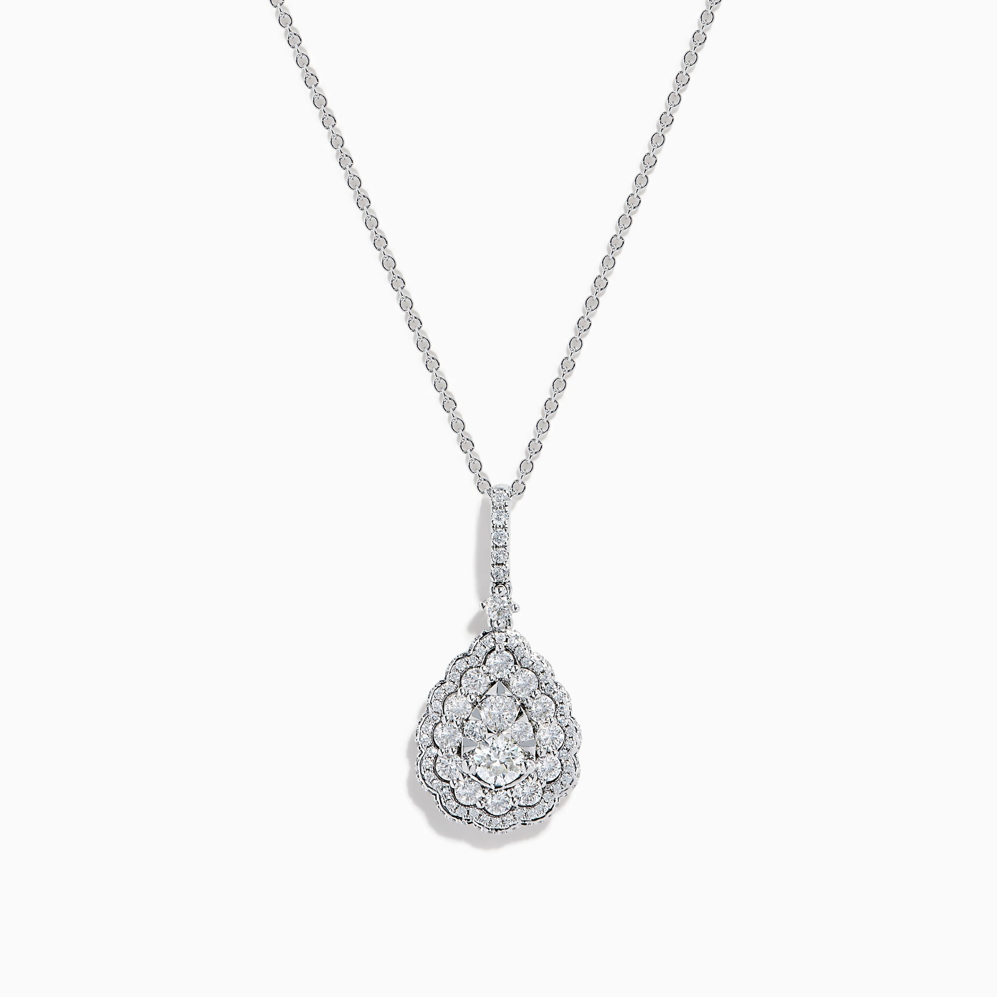 A 14K White Gold Diamond Pear Cluster Pendant featuring a delicate chain and a teardrop-shaped pendant adorned with sparkling diamonds in a floral pattern.