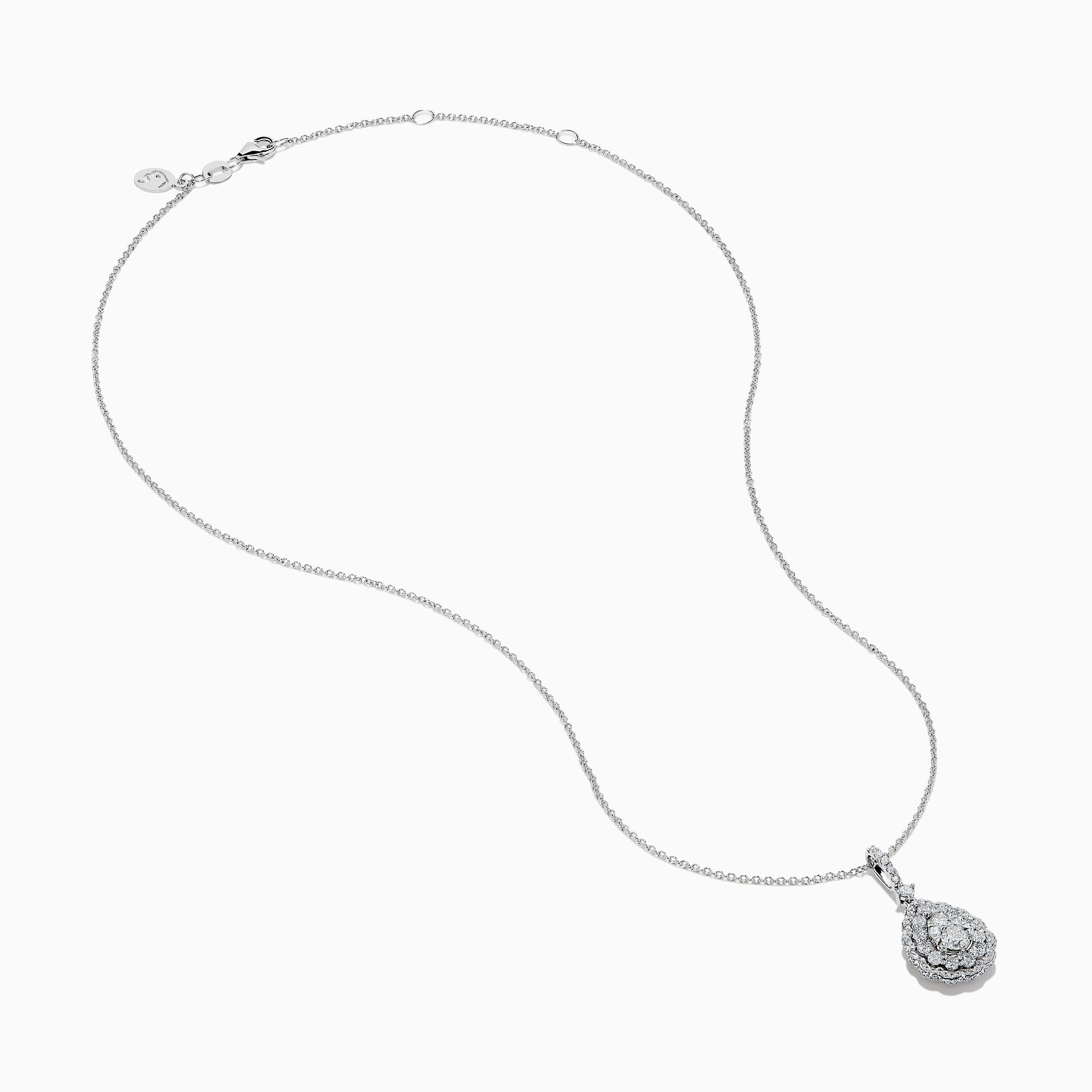 A 14K White Gold Diamond Pear Cluster Pendant featuring a delicate chain and a teardrop-shaped pendant adorned with sparkling diamonds in a floral pattern.