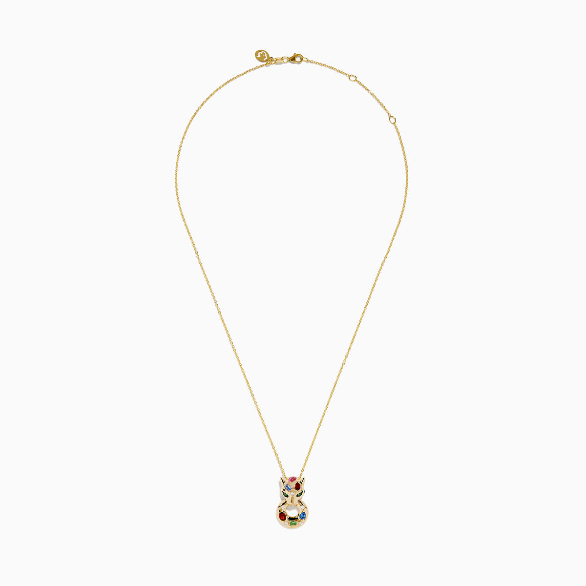 The Signature 14K Yellow Gold Multi Sapphire and Diamond Panther Pendant features a stylized cat adorned with sapphires in red, blue, green, and pink, plus two vivid green stones for its eyes.
