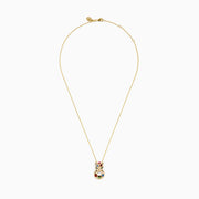 The Signature 14K Yellow Gold Multi Sapphire and Diamond Panther Pendant features a stylized cat adorned with sapphires in red, blue, green, and pink, plus two vivid green stones for its eyes.