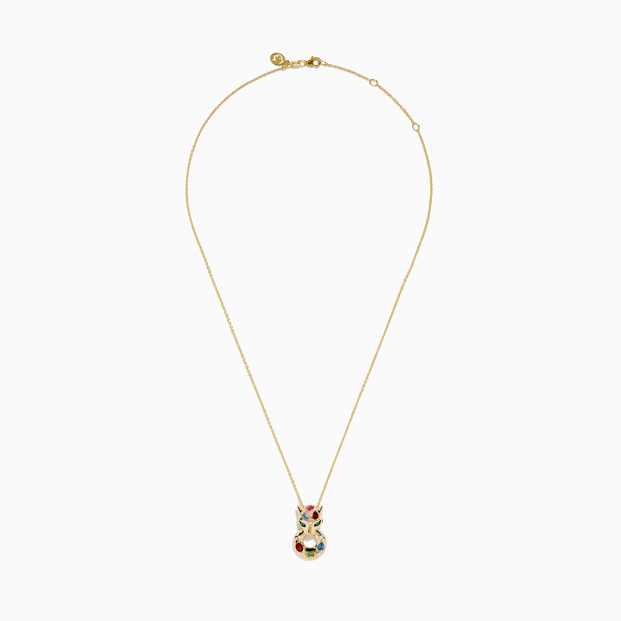 The Signature 14K Yellow Gold Multi Sapphire and Diamond Panther Pendant features a stylized cat adorned with sapphires in red, blue, green, and pink, plus two vivid green stones for its eyes.