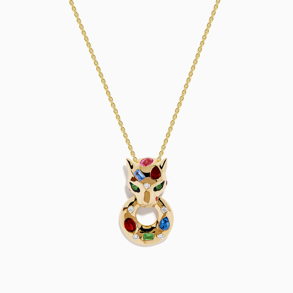 The Signature 14K Yellow Gold Multi Sapphire and Diamond Panther Pendant features a stylized cat adorned with sapphires in red, blue, green, and pink, plus two vivid green stones for its eyes.