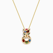 The Signature 14K Yellow Gold Multi Sapphire and Diamond Panther Pendant features a stylized cat adorned with sapphires in red, blue, green, and pink, plus two vivid green stones for its eyes.