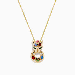The Signature 14K Yellow Gold Multi Sapphire and Diamond Panther Pendant features a stylized cat adorned with sapphires in red, blue, green, and pink, plus two vivid green stones for its eyes.