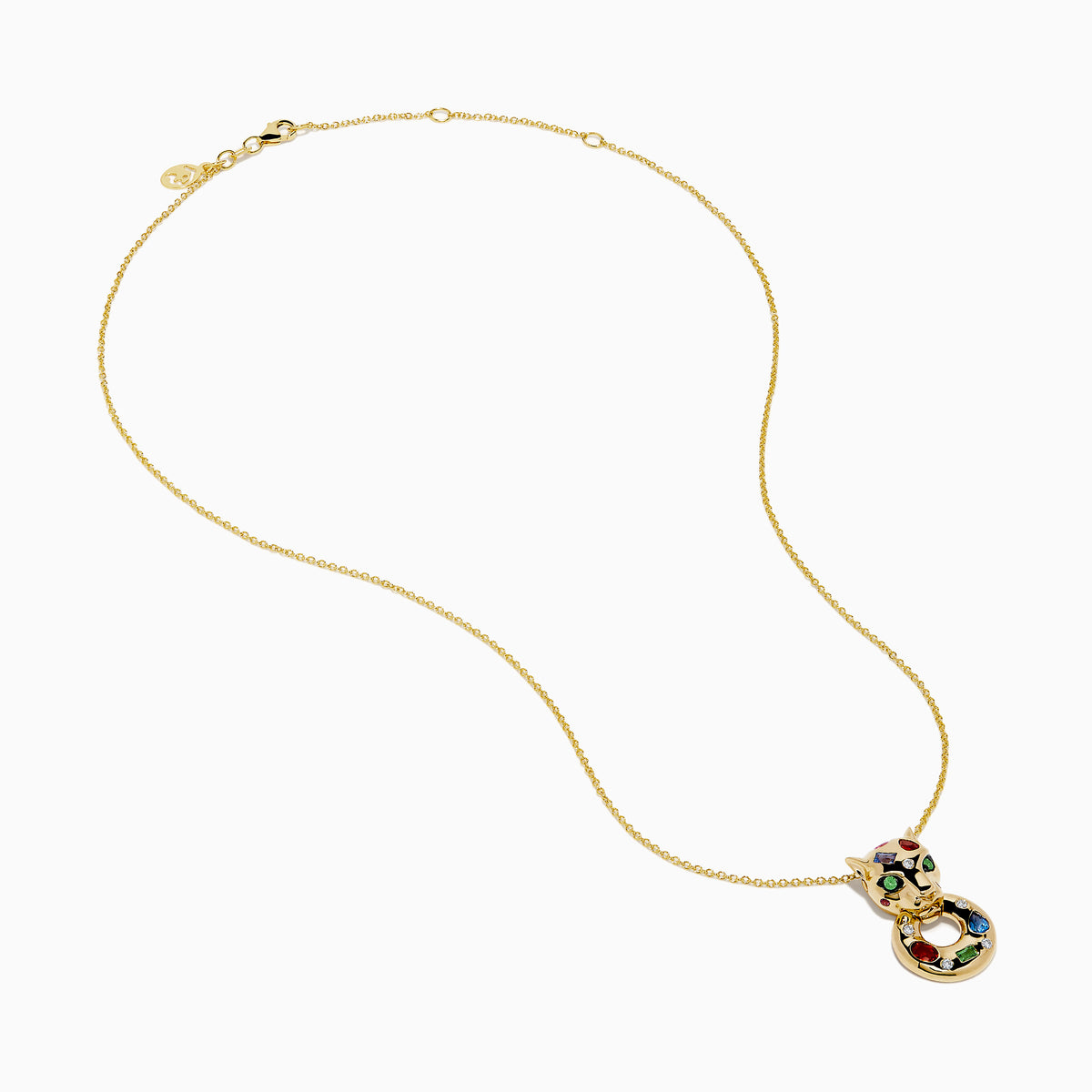 The Signature 14K Yellow Gold Multi Sapphire and Diamond Panther Pendant features a stylized cat adorned with sapphires in red, blue, green, and pink, plus two vivid green stones for its eyes.