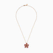 The Nature 14K Rose Gold Pink Sapphire and Diamond Flower Pendant features a five-petal flower design with shimmering gemstones, shown on a white background.