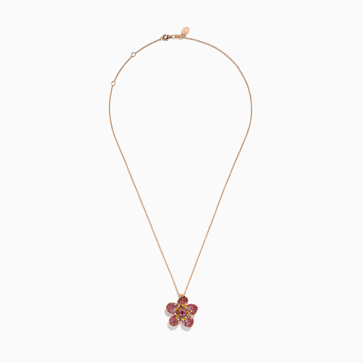 The Nature 14K Rose Gold Pink Sapphire and Diamond Flower Pendant features a five-petal flower design with shimmering gemstones, shown on a white background.