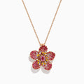 The Nature 14K Rose Gold Pink Sapphire and Diamond Flower Pendant features a five-petal flower design with shimmering gemstones, shown on a white background.