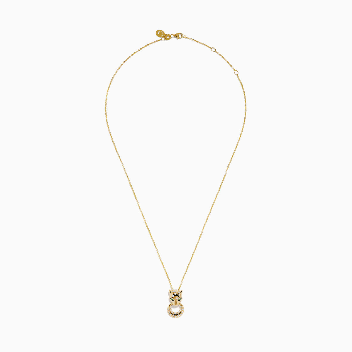 The Signature 14K Yellow Gold Tsavorite and Diamond Panther Pendant features tsavorite green eyes, black accents, and a circular ring with sparkling diamonds in the panther’s mouth.