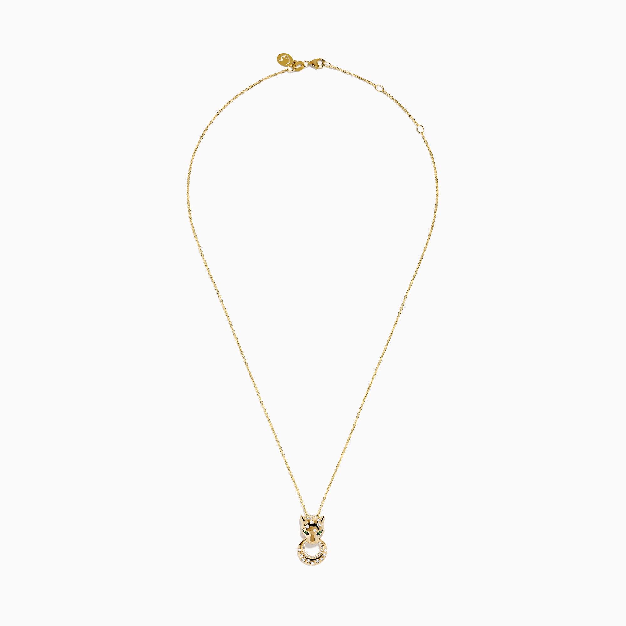 The Signature 14K Yellow Gold Tsavorite and Diamond Panther Pendant features tsavorite green eyes, black accents, and a circular ring with sparkling diamonds in the panther’s mouth.
