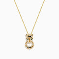The Signature 14K Yellow Gold Tsavorite and Diamond Panther Pendant features tsavorite green eyes, black accents, and a circular ring with sparkling diamonds in the panther’s mouth.
