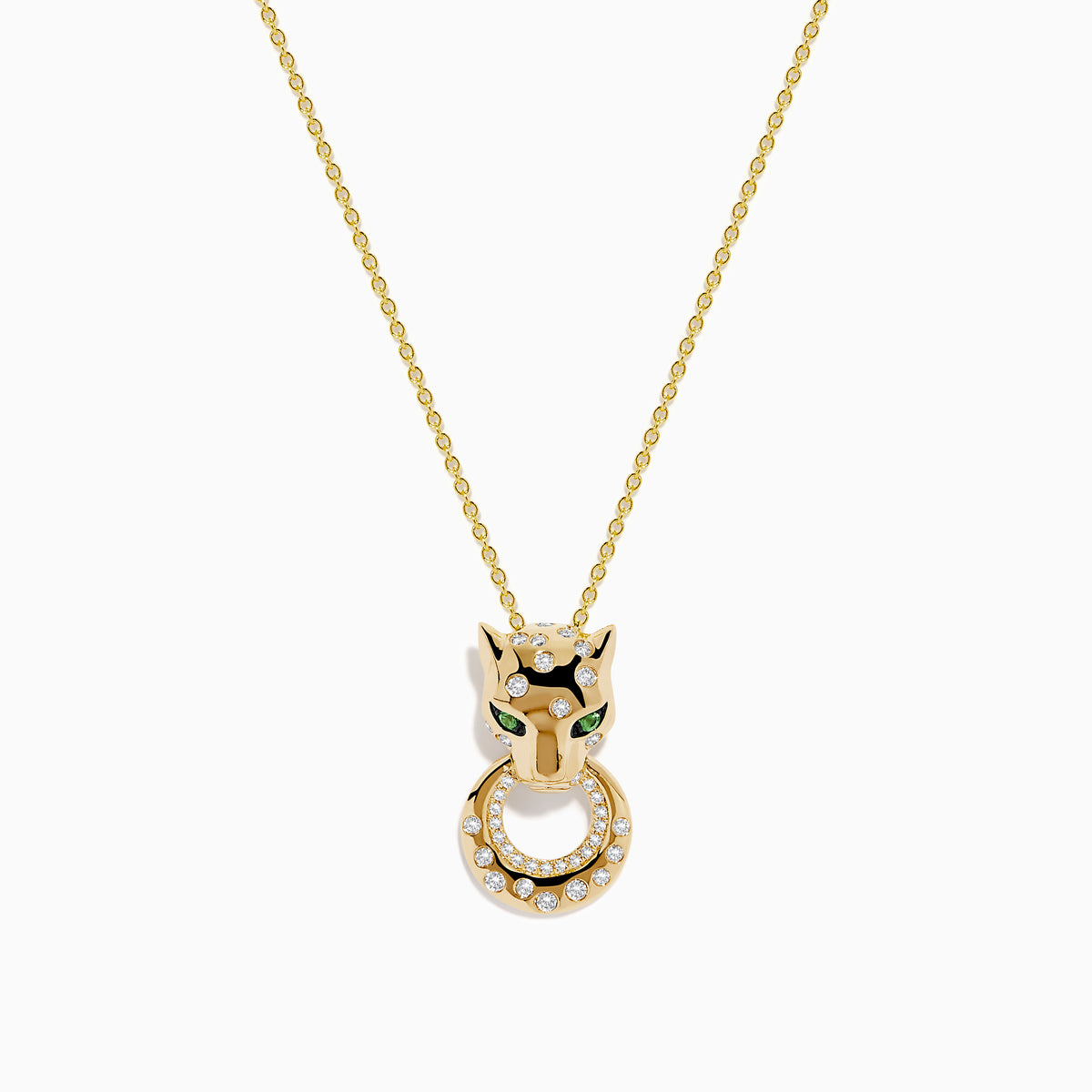 The Signature 14K Yellow Gold Tsavorite and Diamond Panther Pendant features tsavorite green eyes, black accents, and a circular ring with sparkling diamonds in the panther’s mouth.