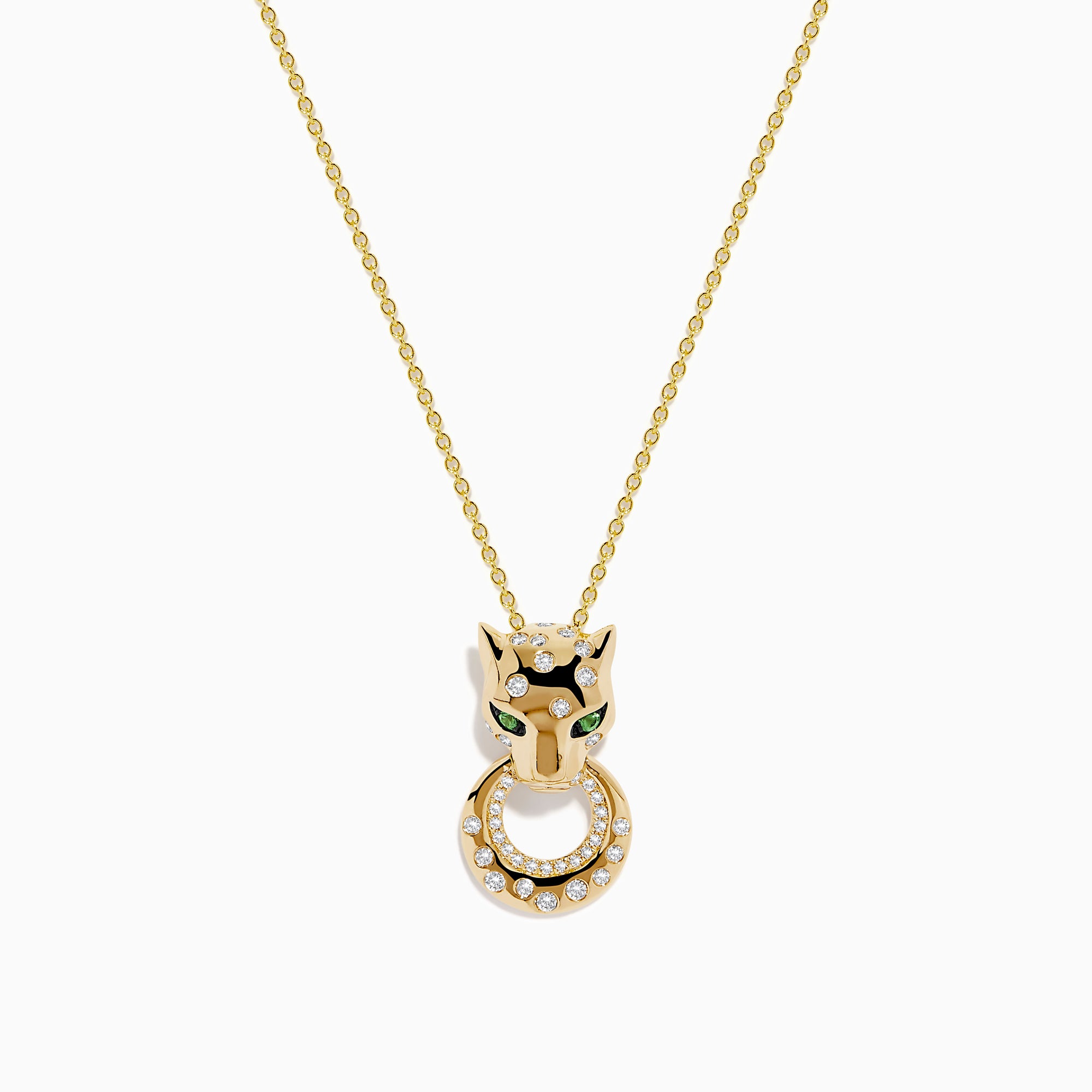 The Signature 14K Yellow Gold Tsavorite and Diamond Panther Pendant features tsavorite green eyes, black accents, and a circular ring with sparkling diamonds in the panther’s mouth.
