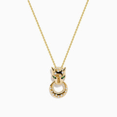 The Signature 14K Yellow Gold Tsavorite and Diamond Panther Pendant features tsavorite green eyes, black accents, and a circular ring with sparkling diamonds in the panther’s mouth.