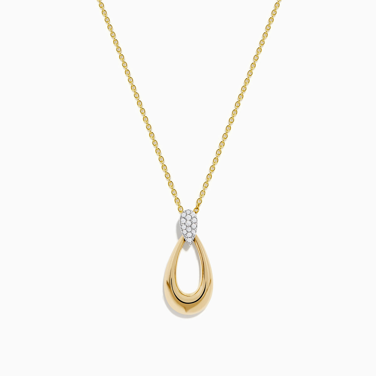 The 14K Two-Tone Gold and Diamond Dewdrop Pendant features a teardrop design with a cluster of diamonds at the top, elegantly displayed against a white background.