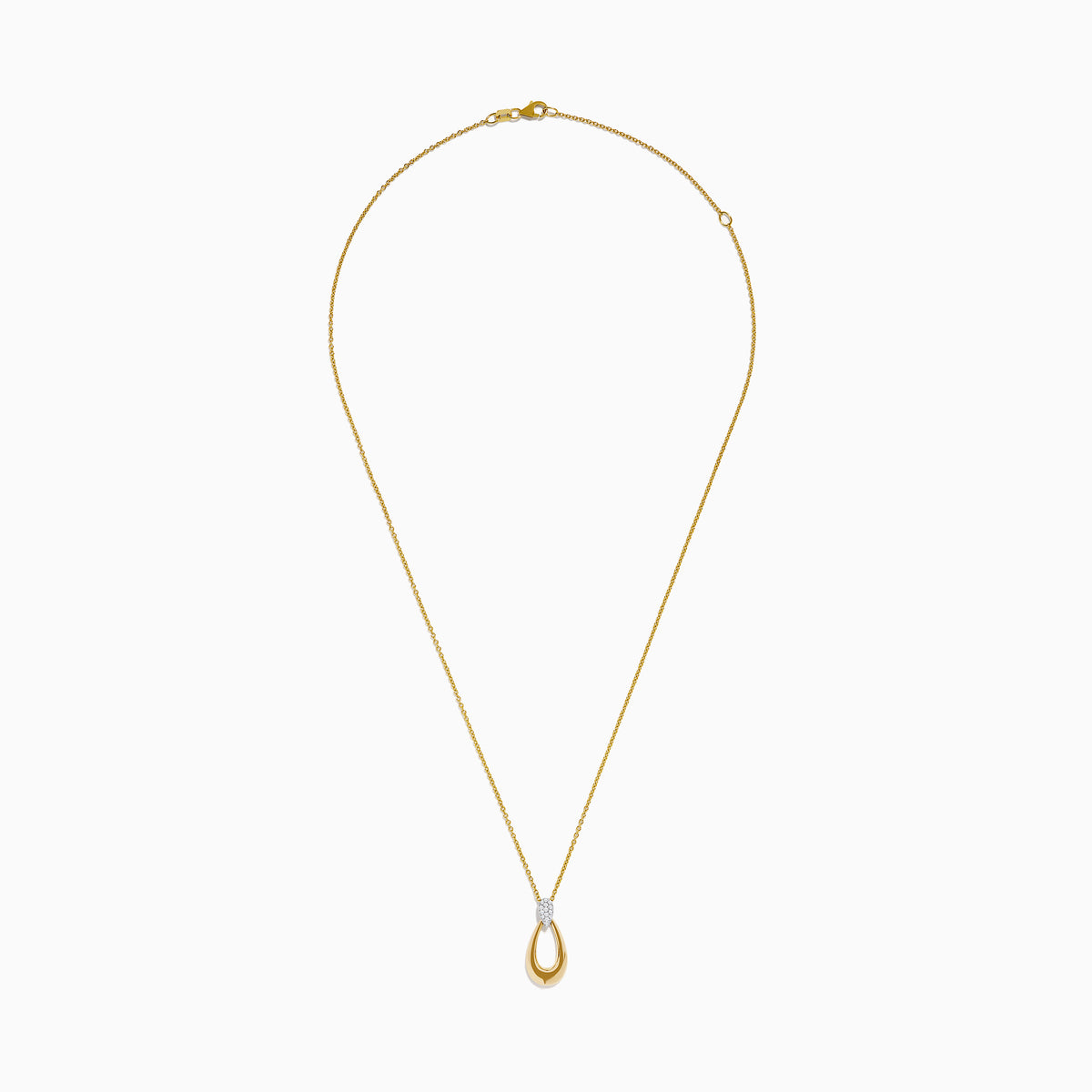 The 14K Two-Tone Gold and Diamond Dewdrop Pendant features a teardrop design with a cluster of diamonds at the top, elegantly displayed against a white background.
