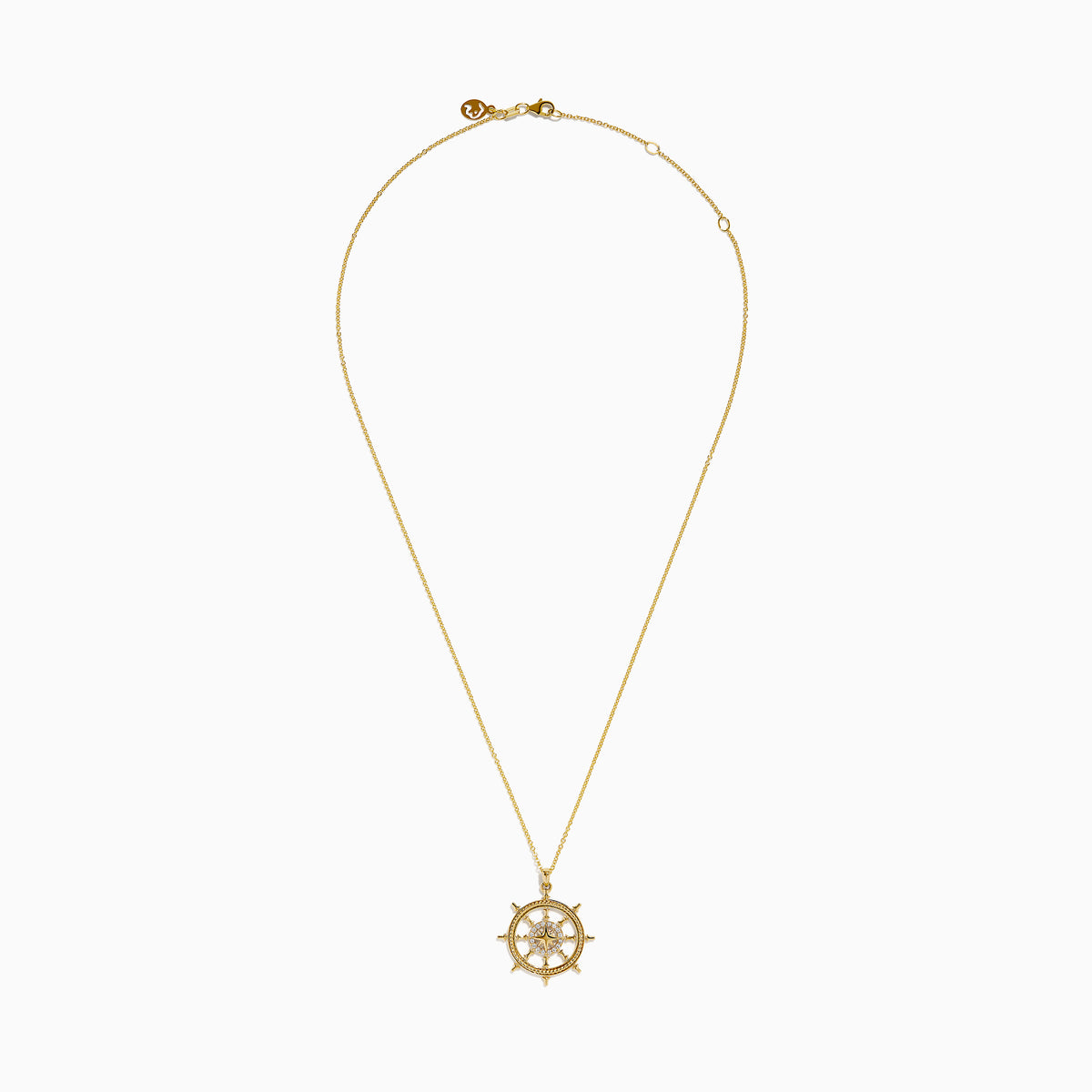 The 14K Yellow Gold Diamond Ship's Wheel Pendant features a ship’s wheel design, accented with sparkling diamonds set symmetrically along the spokes.