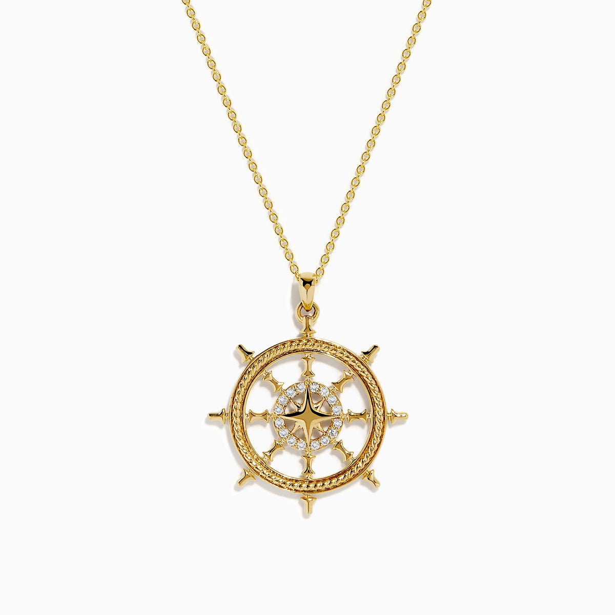 The 14K Yellow Gold Diamond Ship's Wheel Pendant features a ship’s wheel design, accented with sparkling diamonds set symmetrically along the spokes.