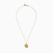 The 14K Yellow Gold Diamond Spiral Nautilus Shell Pendant features a delicate gold chain and a nautilus shell-shaped pendant adorned with sparkling diamonds and intricate detailing.