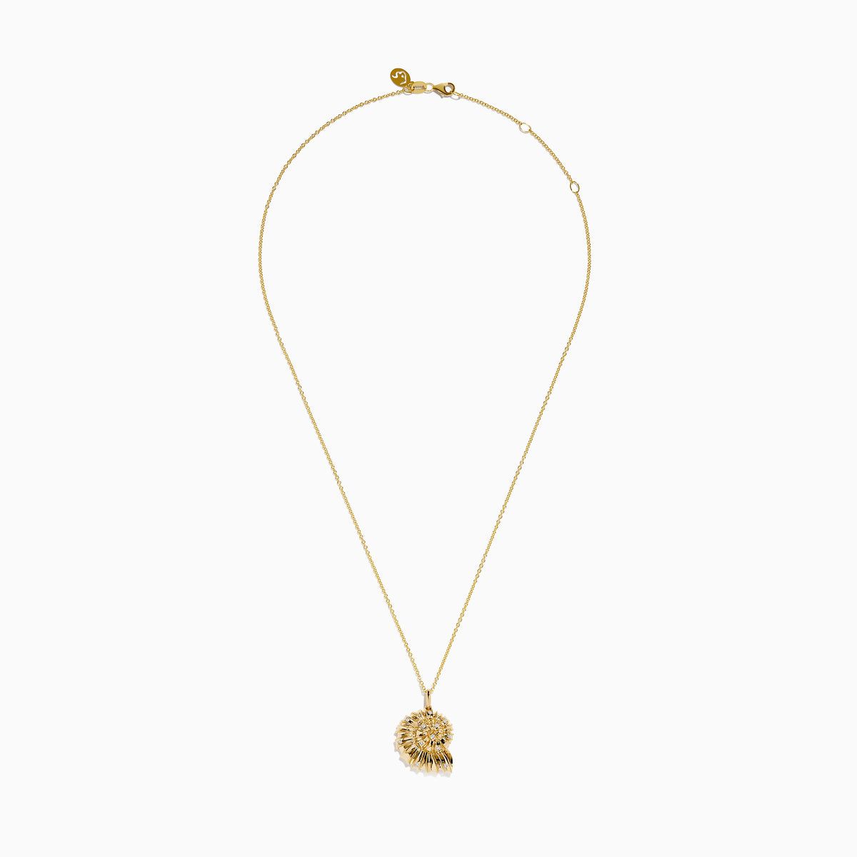 The 14K Yellow Gold Diamond Spiral Nautilus Shell Pendant features a delicate gold chain and a nautilus shell-shaped pendant adorned with sparkling diamonds and intricate detailing.