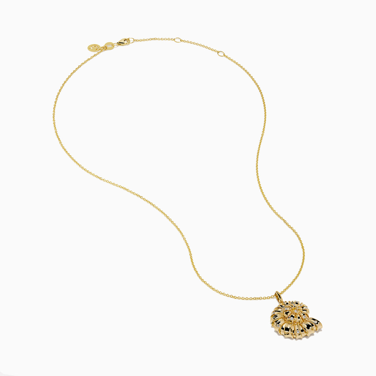 The 14K Yellow Gold Diamond Spiral Nautilus Shell Pendant features a delicate gold chain and a nautilus shell-shaped pendant adorned with sparkling diamonds and intricate detailing.