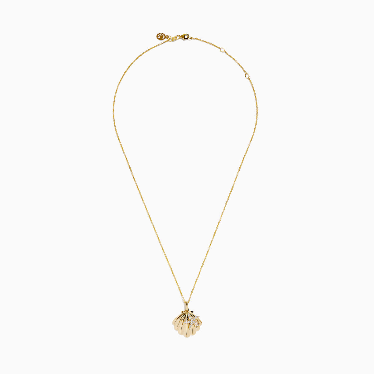 The 14K Yellow Gold Diamond Scallop Shell and Starfish Duo Pendant features a scallop shell and diamond-studded starfish on a fine gold chain, displayed against a white background.
