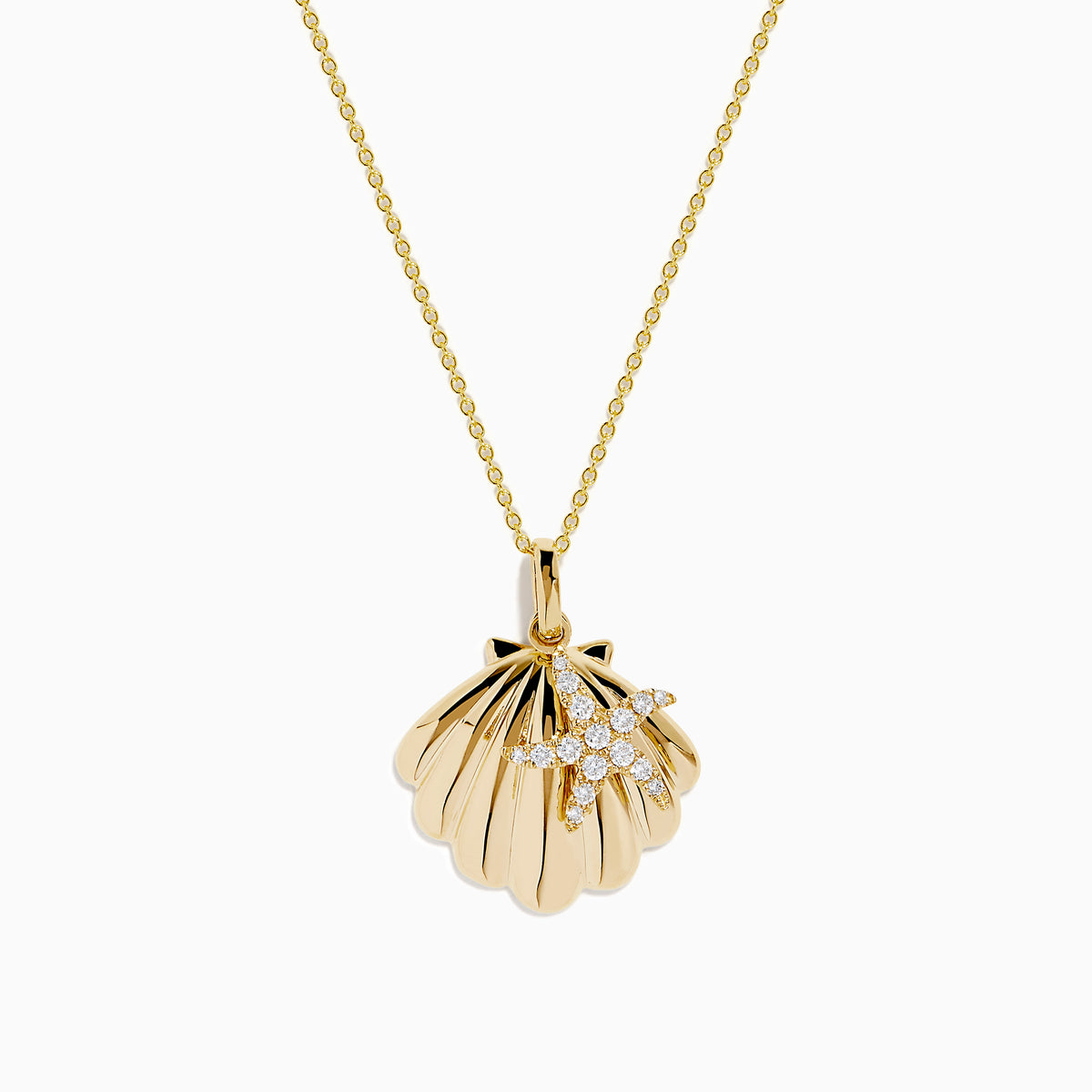The 14K Yellow Gold Diamond Scallop Shell and Starfish Duo Pendant features a scallop shell and diamond-studded starfish on a fine gold chain, displayed against a white background.