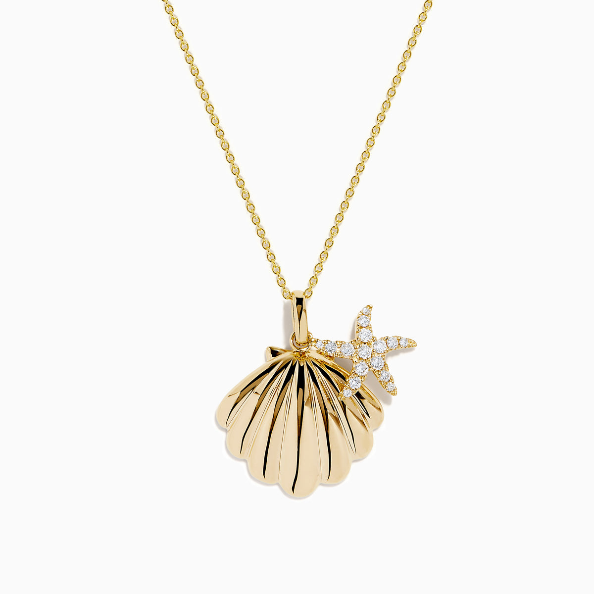 The 14K Yellow Gold Diamond Scallop Shell and Starfish Duo Pendant features a scallop shell and diamond-studded starfish on a fine gold chain, displayed against a white background.