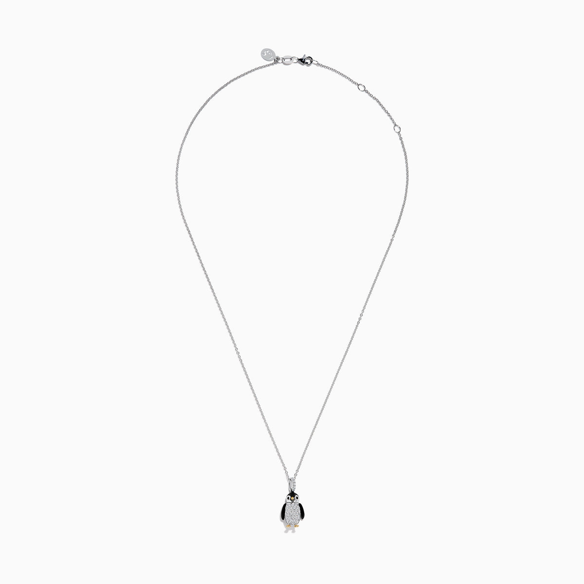 The Seaside 14K Two Tone Gold Diamond Penguin Pendant features black, white, and gold accents with sparkling diamond details for a charming look. Photographed against a plain white background.