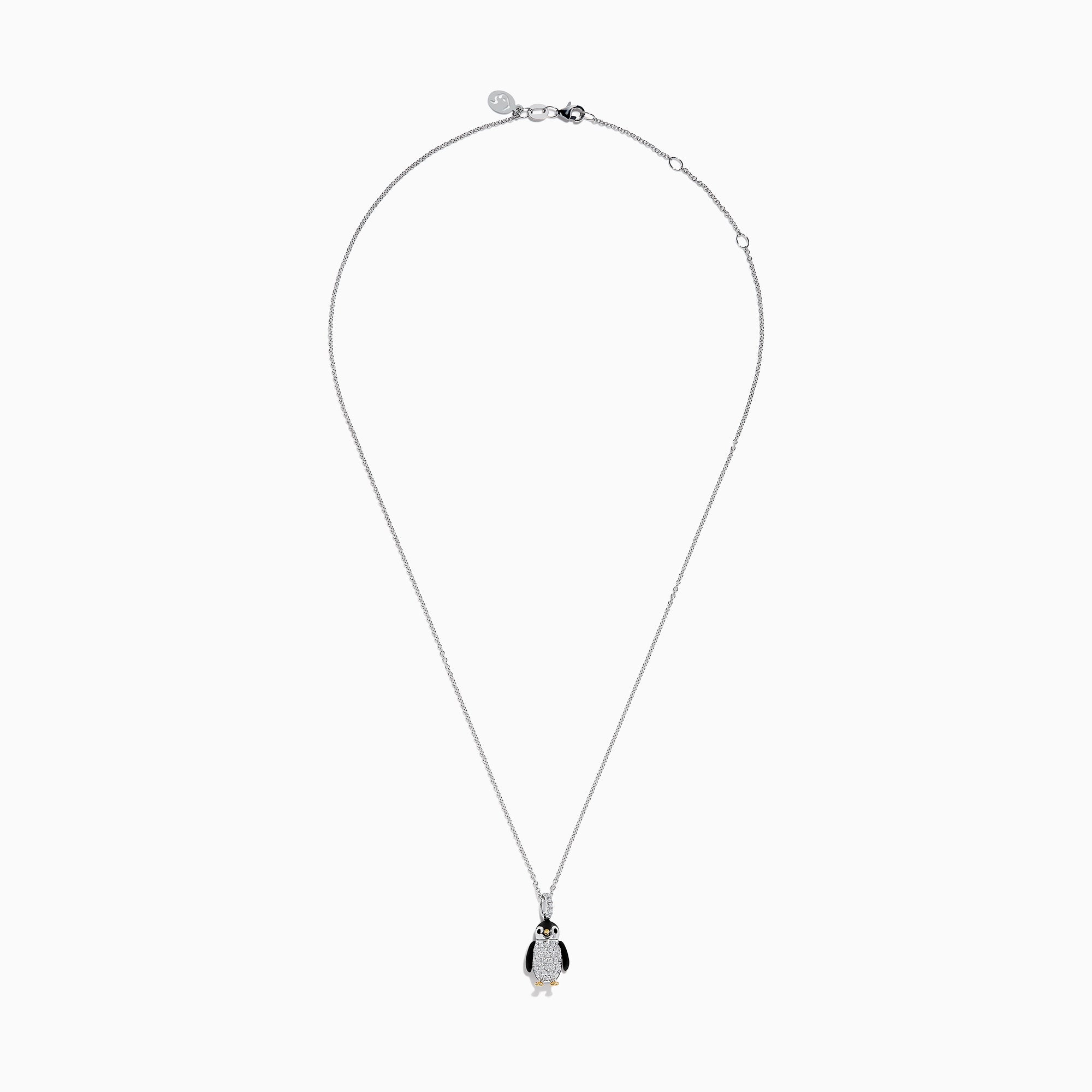 The Seaside 14K Two Tone Gold Diamond Penguin Pendant features black, white, and gold accents with sparkling diamond details for a charming look. Photographed against a plain white background.
