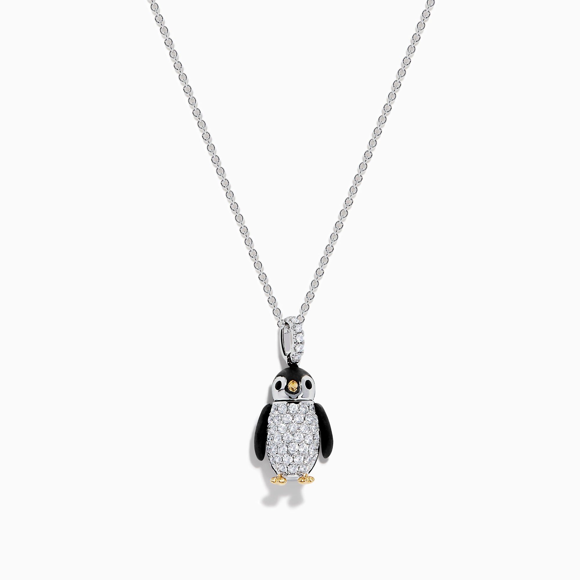 The Seaside 14K Two Tone Gold Diamond Penguin Pendant features black, white, and gold accents with sparkling diamond details for a charming look. Photographed against a plain white background.