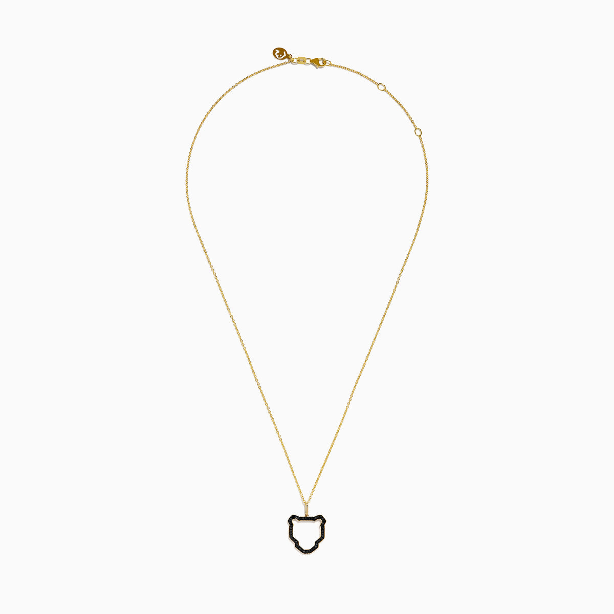 The Signature 14K Yellow Gold Black Diamond Panther Pendant features a panther head outline accented with black diamonds on a yellow gold chain, showcased on a white background.