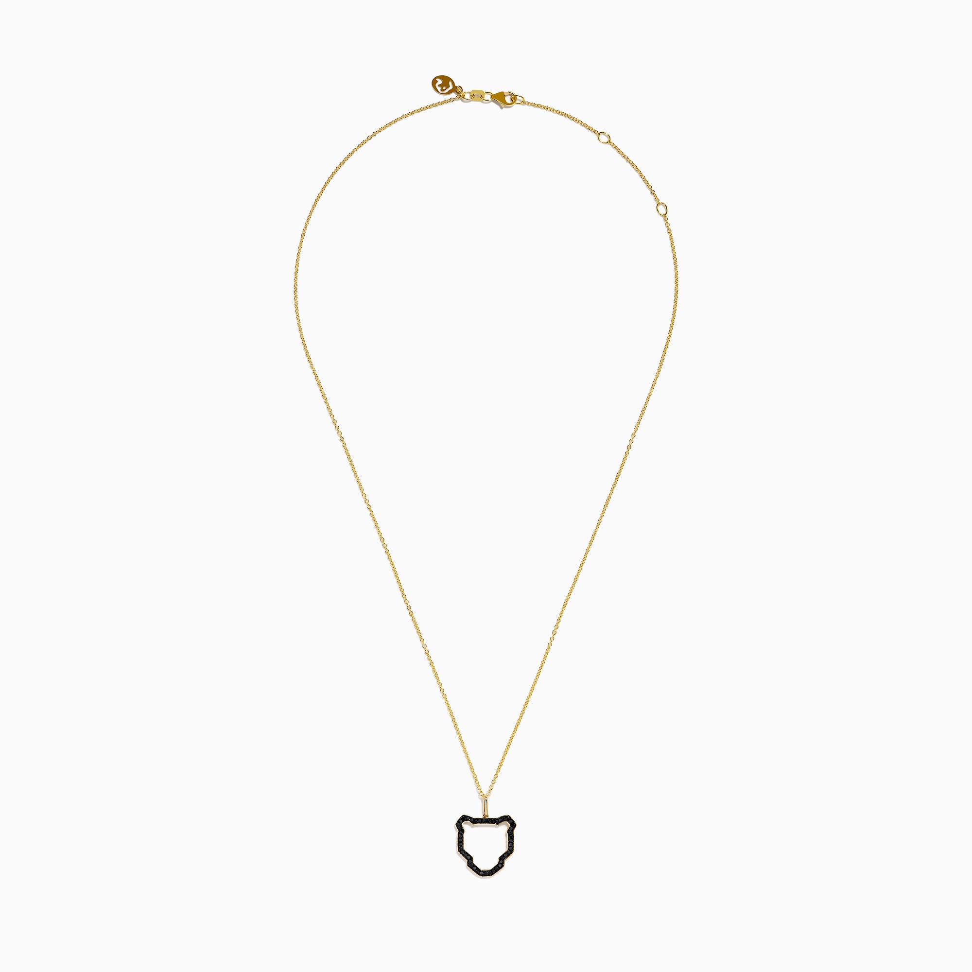 The Signature 14K Yellow Gold Black Diamond Panther Pendant features a panther head outline accented with black diamonds on a yellow gold chain, showcased on a white background.