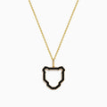 The Signature 14K Yellow Gold Black Diamond Panther Pendant features a panther head outline accented with black diamonds on a yellow gold chain, showcased on a white background.