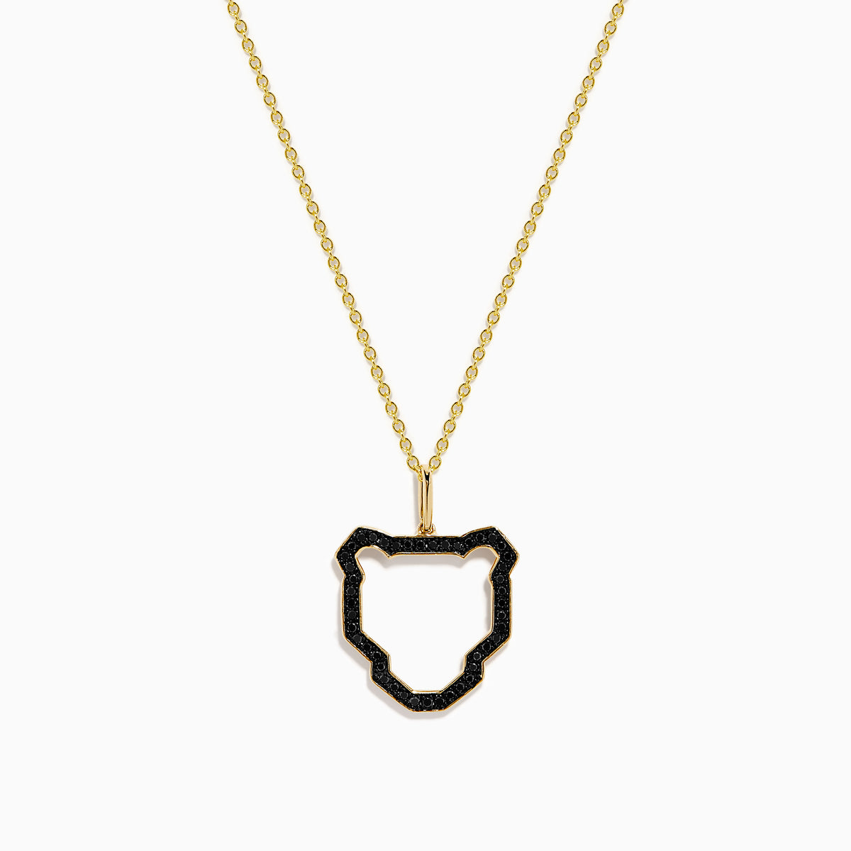 The Signature 14K Yellow Gold Black Diamond Panther Pendant features a panther head outline accented with black diamonds on a yellow gold chain, showcased on a white background.
