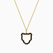 The Signature 14K Yellow Gold Black Diamond Panther Pendant features a panther head outline accented with black diamonds on a yellow gold chain, showcased on a white background.