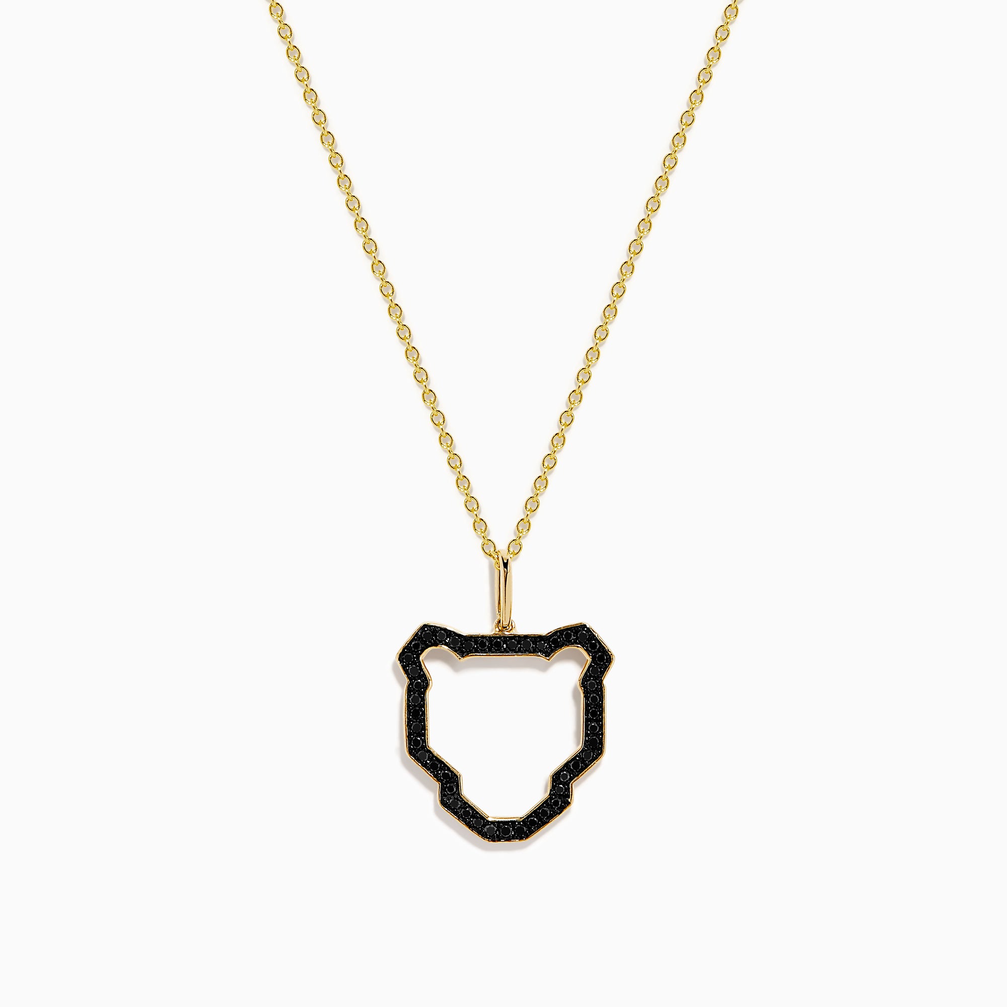 The Signature 14K Yellow Gold Black Diamond Panther Pendant features a panther head outline accented with black diamonds on a yellow gold chain, showcased on a white background.