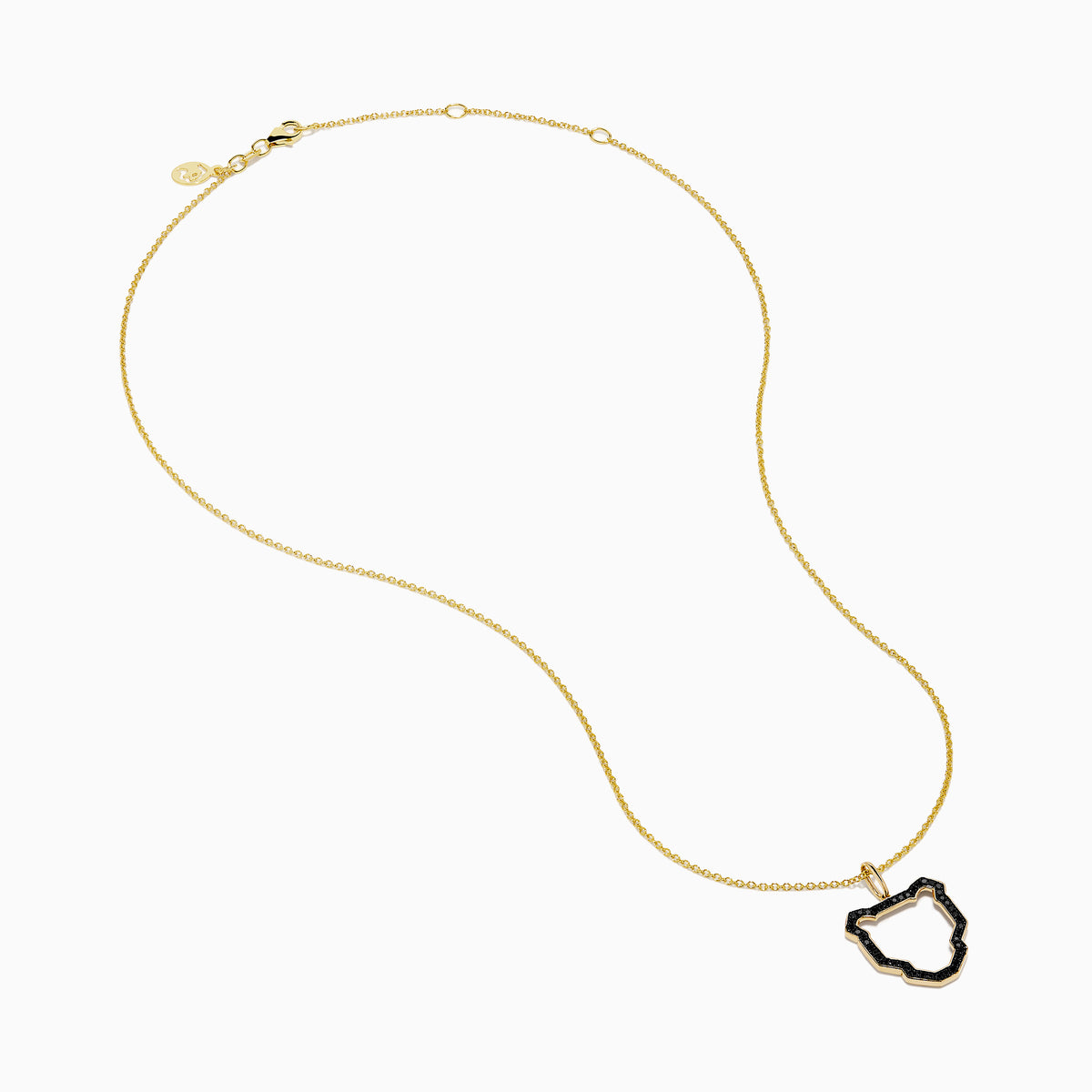The Signature 14K Yellow Gold Black Diamond Panther Pendant features a panther head outline accented with black diamonds on a yellow gold chain, showcased on a white background.