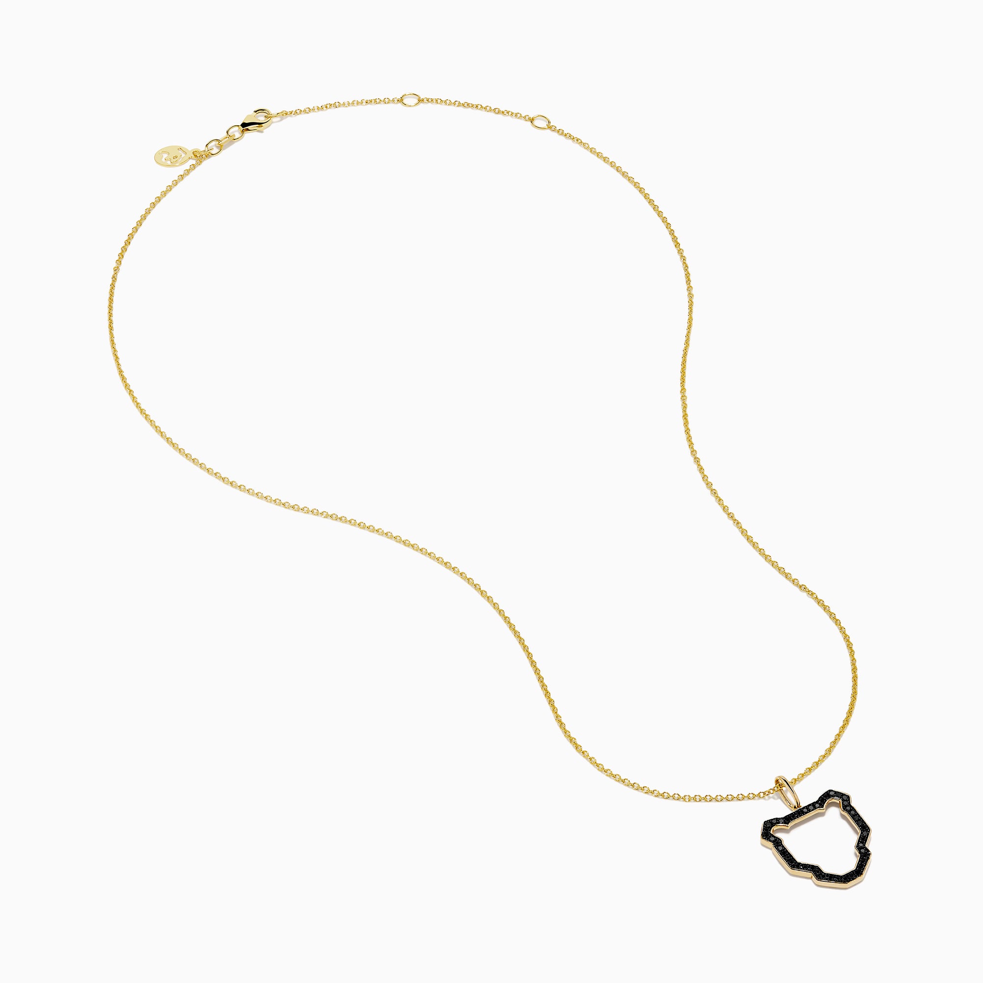 The Signature 14K Yellow Gold Black Diamond Panther Pendant features a panther head outline accented with black diamonds on a yellow gold chain, showcased on a white background.