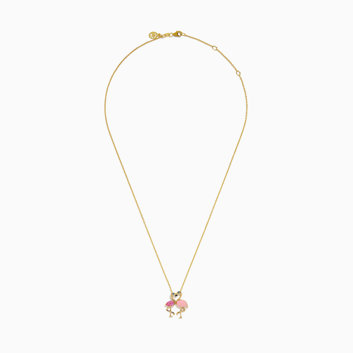 14K Yellow Gold Pink Sapphire, Blue Diamond and Enamel Flamingos Pendant