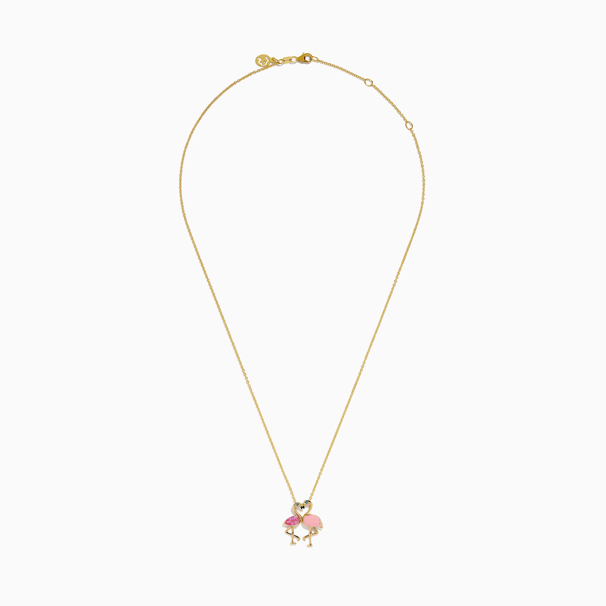 14K Yellow Gold Pink Sapphire, Blue Diamond and Enamel Flamingos Pendant