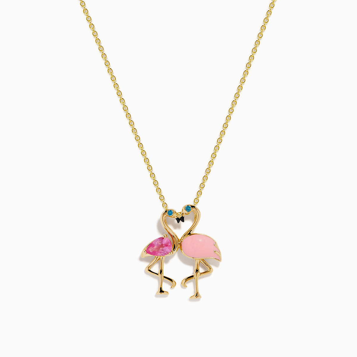 14K Yellow Gold Pink Sapphire, Blue Diamond and Enamel Flamingos Pendant
