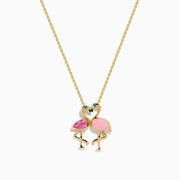 14K Yellow Gold Pink Sapphire, Blue Diamond and Enamel Flamingos Pendant