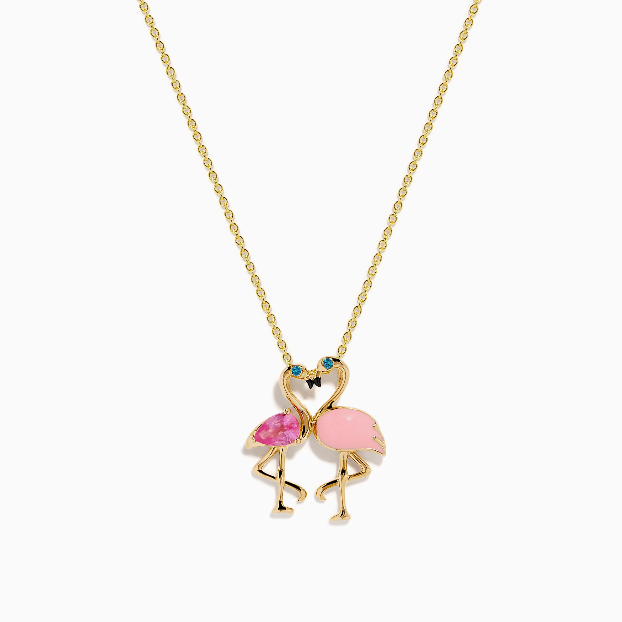 14K Yellow Gold Pink Sapphire, Blue Diamond and Enamel Flamingos Pendant