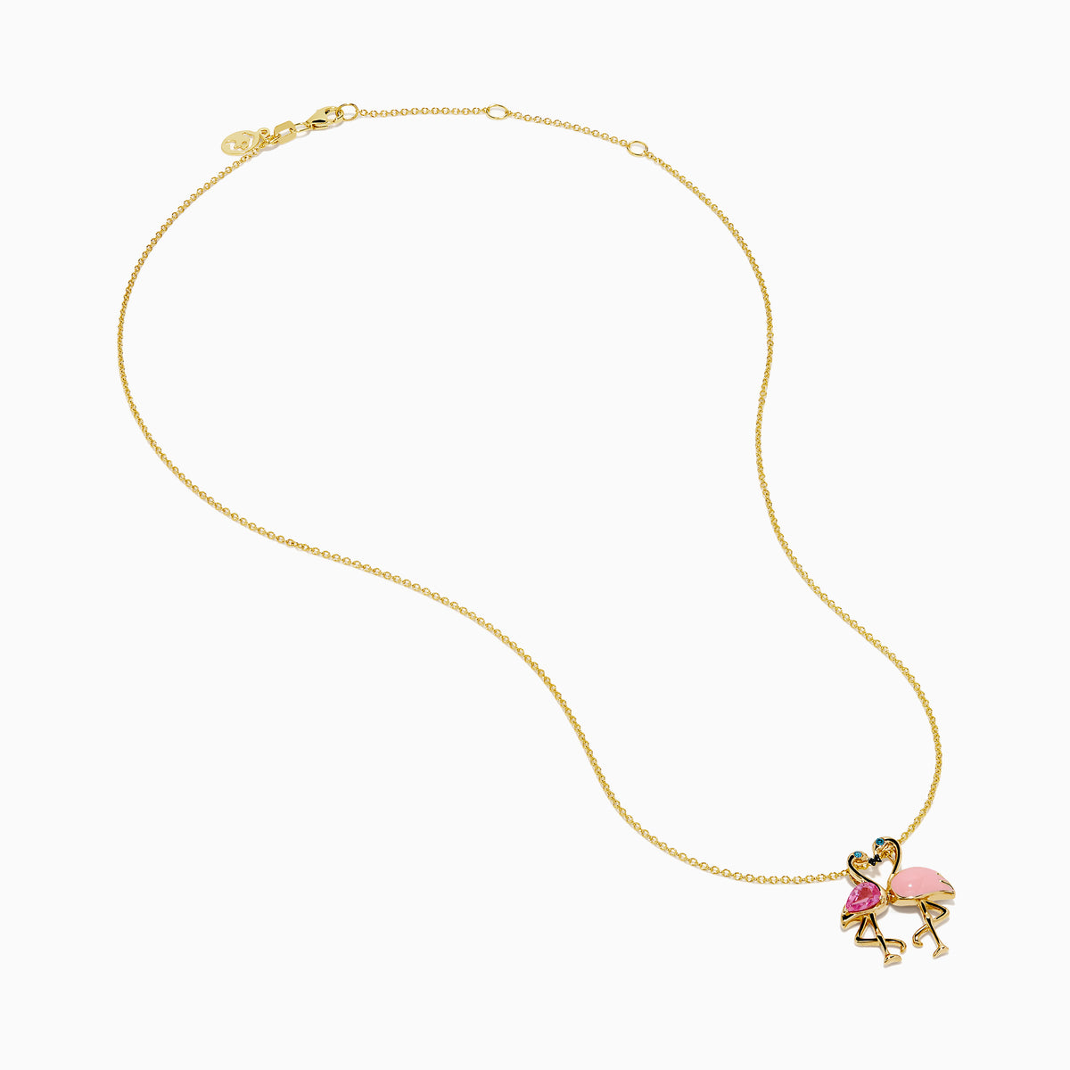 14K Yellow Gold Pink Sapphire, Blue Diamond and Enamel Flamingos Pendant