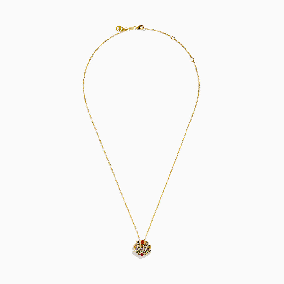 The 14K Yellow Gold Multi Sapphire and Diamond Scallop Shell Fan Pendant features a colorful, ornate design—an elegant and vibrant alternative to traditional diamond or sapphire jewelry.