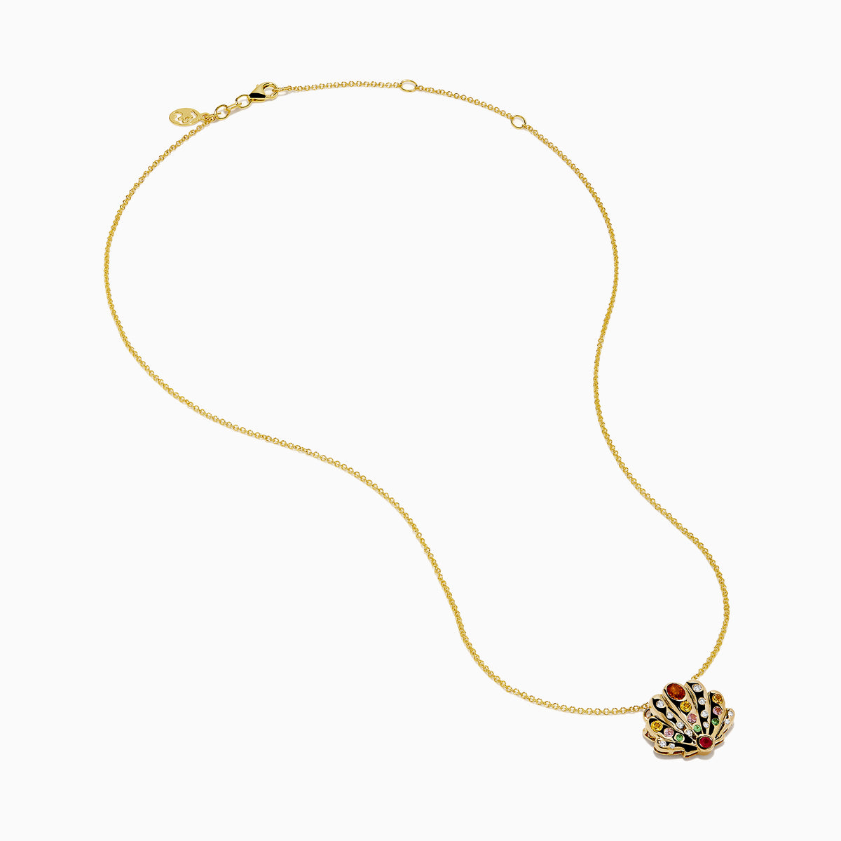 The 14K Yellow Gold Multi Sapphire and Diamond Scallop Shell Fan Pendant features a colorful, ornate design—an elegant and vibrant alternative to traditional diamond or sapphire jewelry.