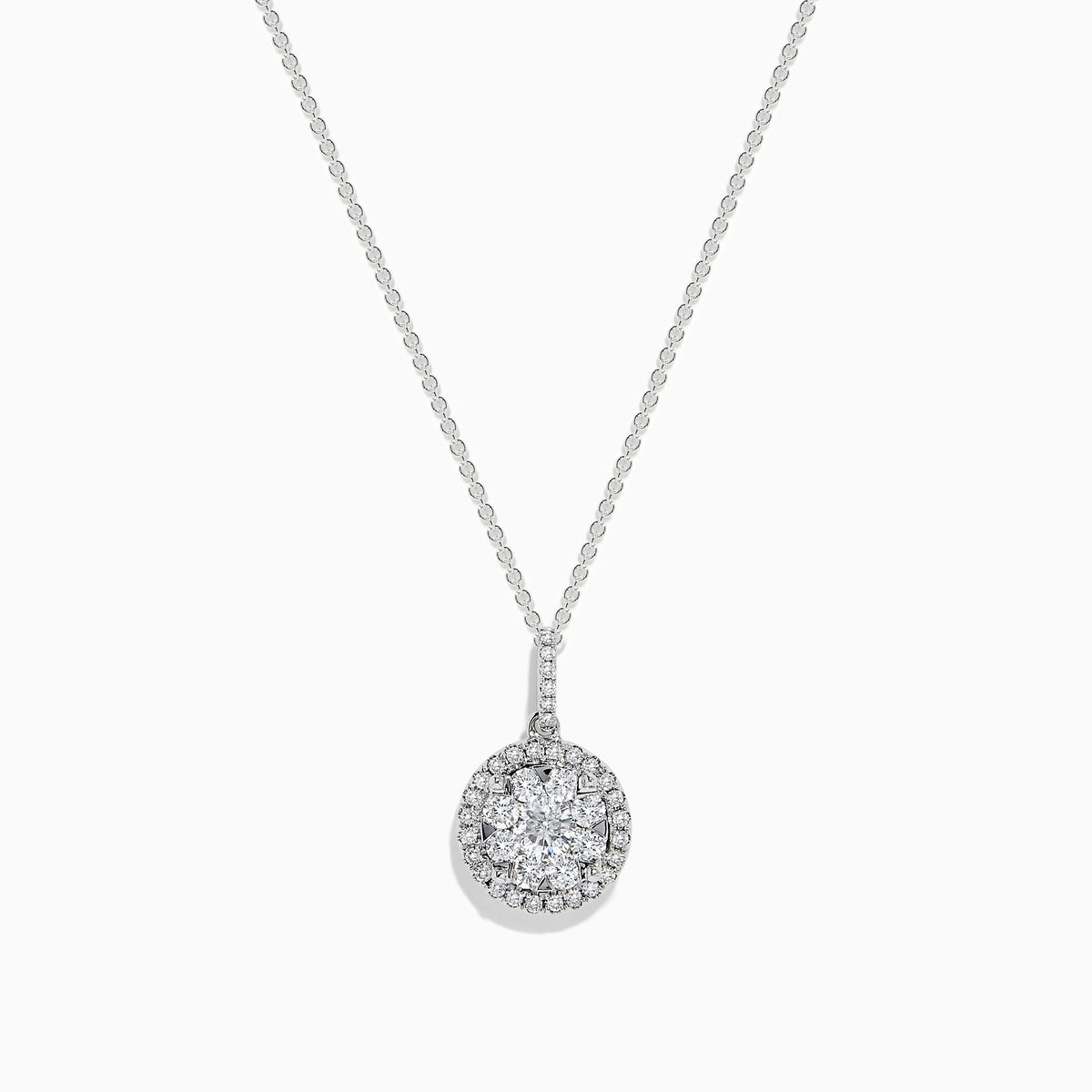 Bouquet 14K White Gold Diamond Cluster Pendant 1.04 TCW displayed on a silver chain, featuring sparkling diamonds in a round cluster with a halo, set in 14K white gold against a plain white background.