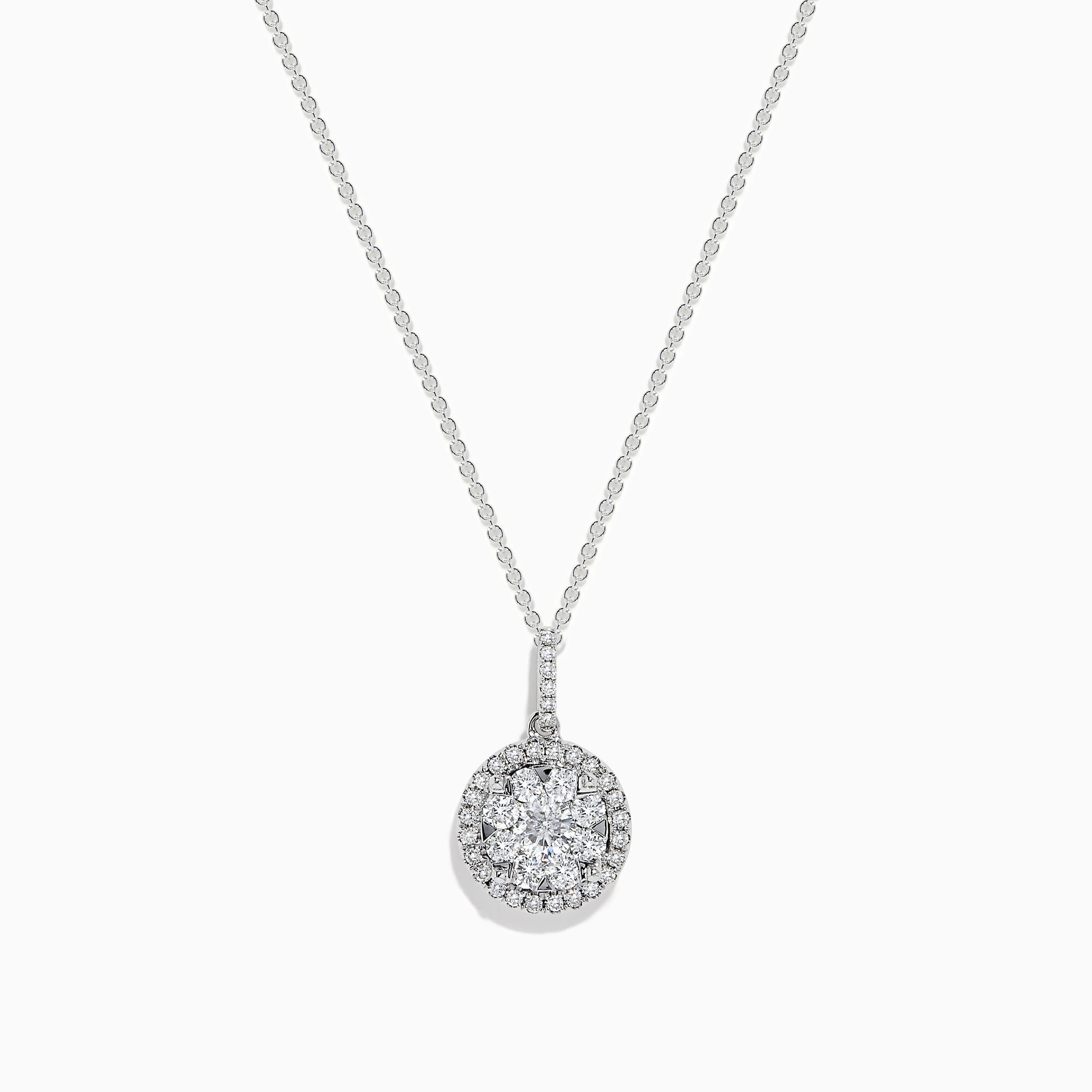 Bouquet 14K White Gold Diamond Cluster Pendant 1.04 TCW displayed on a silver chain, featuring sparkling diamonds in a round cluster with a halo, set in 14K white gold against a plain white background.